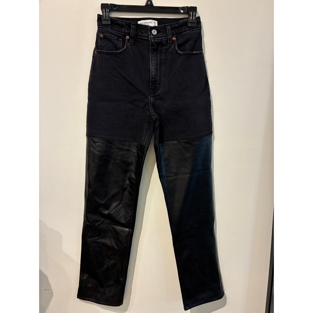 Abercrombie & Fitch 90s Ultra High Rise Faux Leather Denim Pants Black 25 0R - Picture 1 of 5